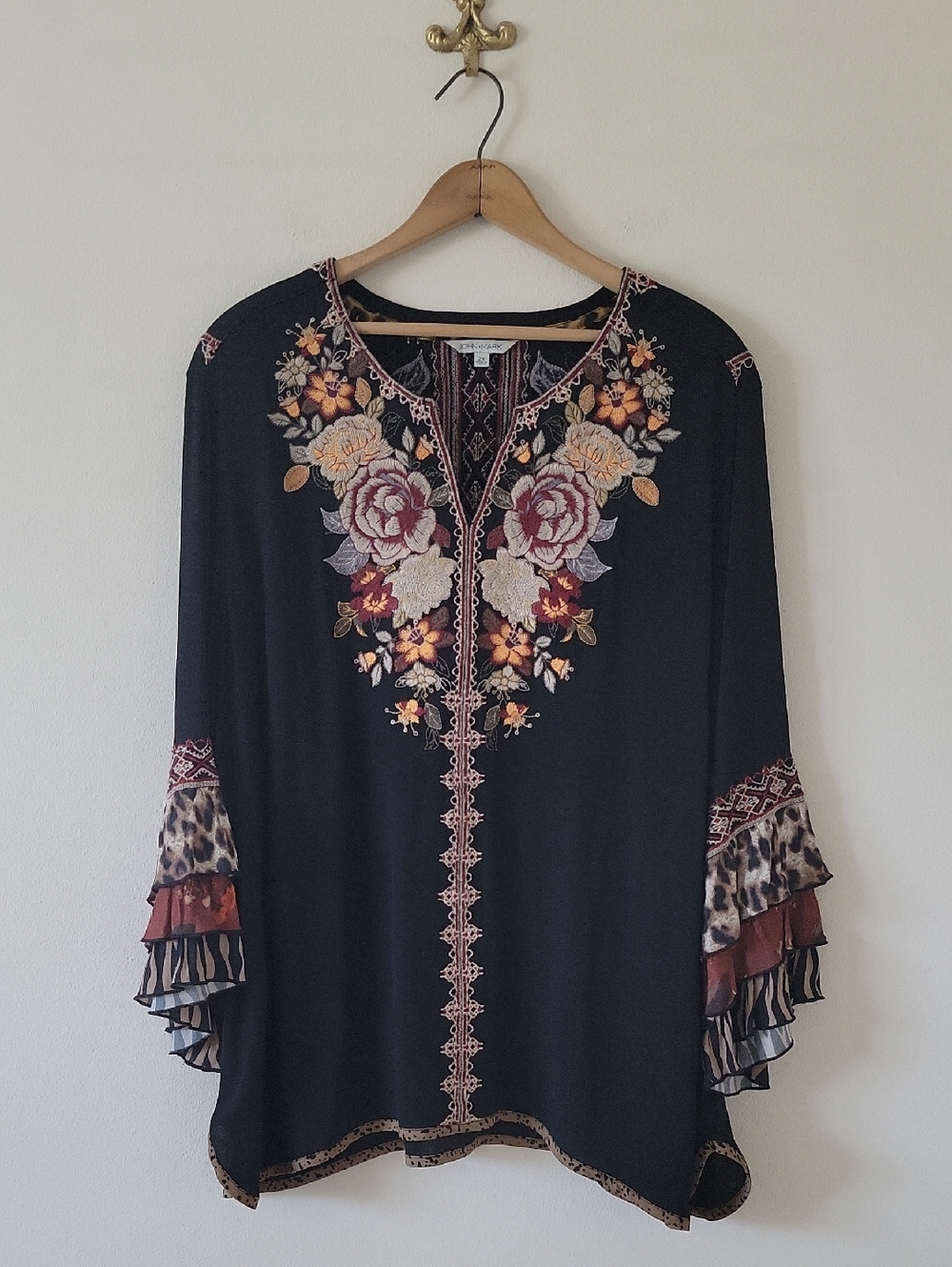 John Mark Black Embroidered Patchwork Tunic Size 2X